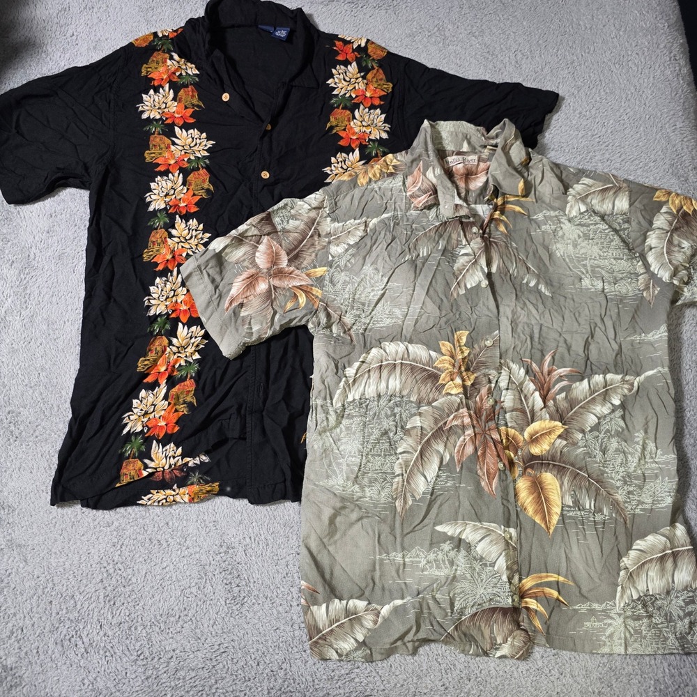 Cherokee Hollis River Mens L 2pk Hawaiian Shirts Black Green Rayon Tropical Palm